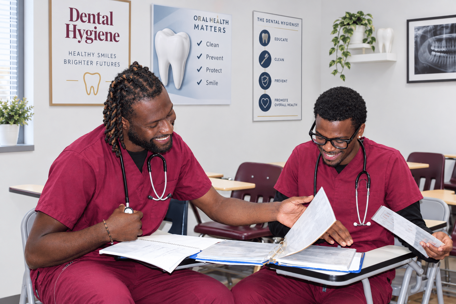 Two students reviewing materials together in a dental hygiene classroom